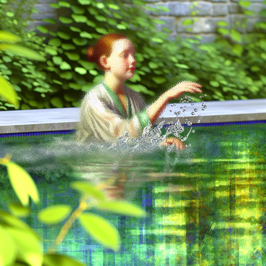  A serene scene of a woman swimming in a pool surrounded by greenery,...