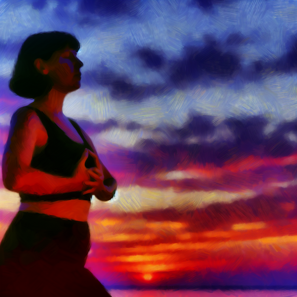 A calm woman practicing 4-7-8 breathing at sunset, silhouette against...