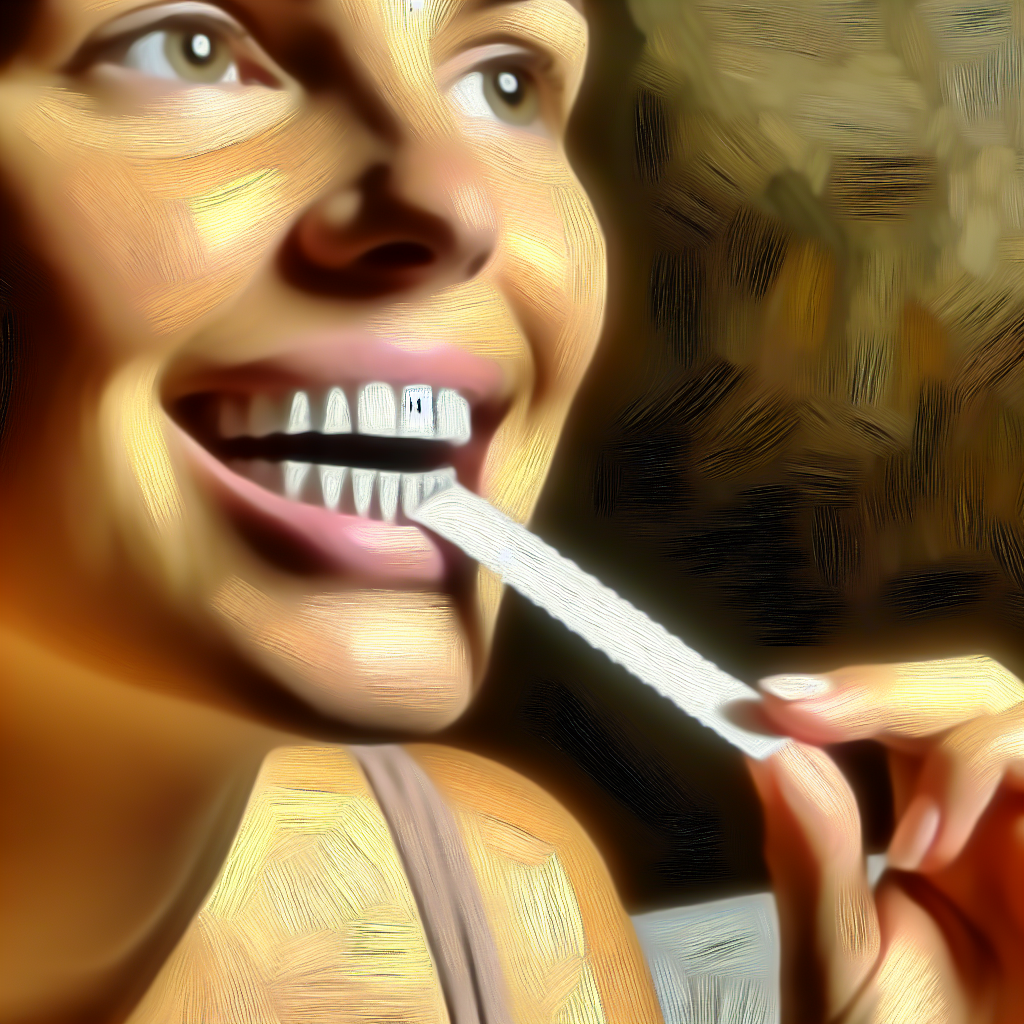  A close-up of teeth whitening strips being applied, featuring a young woman...