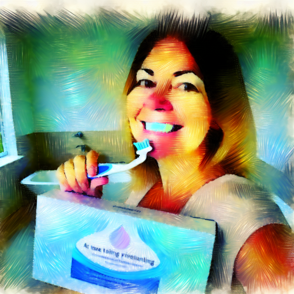  A serene bathroom with a woman smiling while holding a teeth whitening kit,...