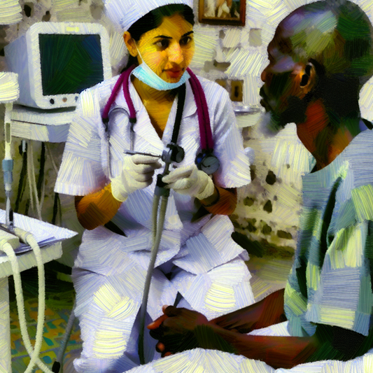  An impressionistic image of a dental clinic, where a female dentist is...