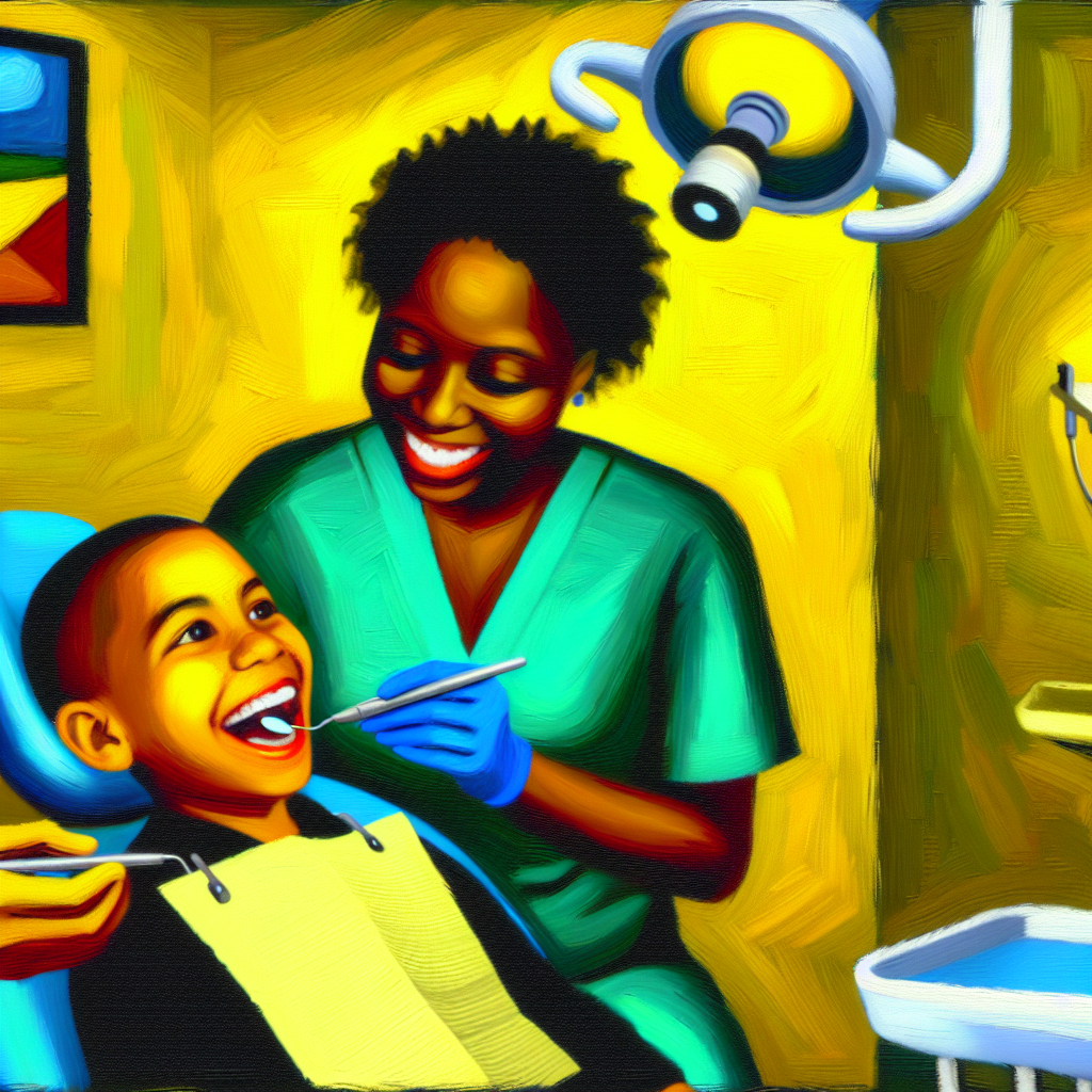  A joyful child visiting the dentist with a caring dental hygienist. Bright...