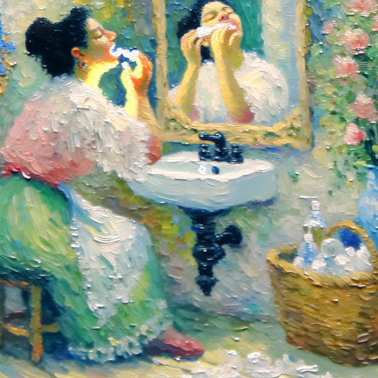  A serene scene of a woman gently cleaning her dentures in a well-lit...