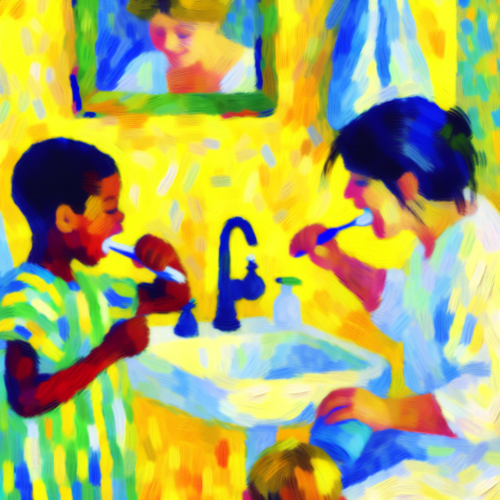 Image of children brushing their teeth with a parent in a bright, cheerful...