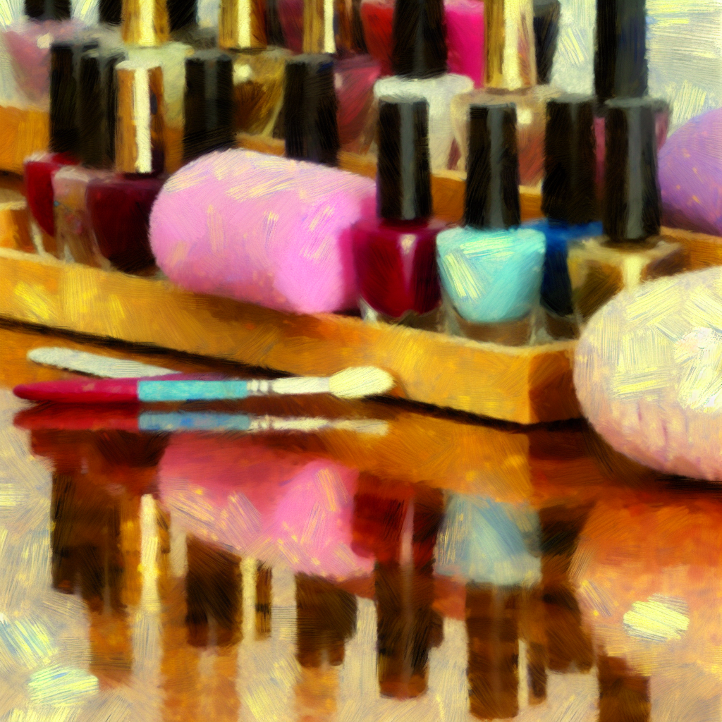  A selection of vibrant nail polish bottles, sponges, and manicure tools...