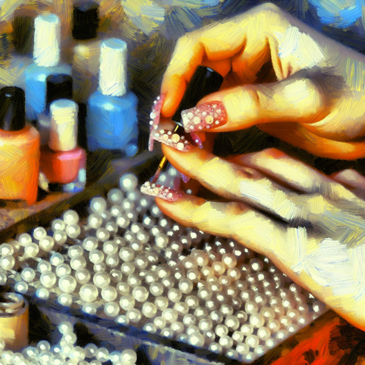  A close-up of a woman’s hands delicately applying pearls and rhinestones...