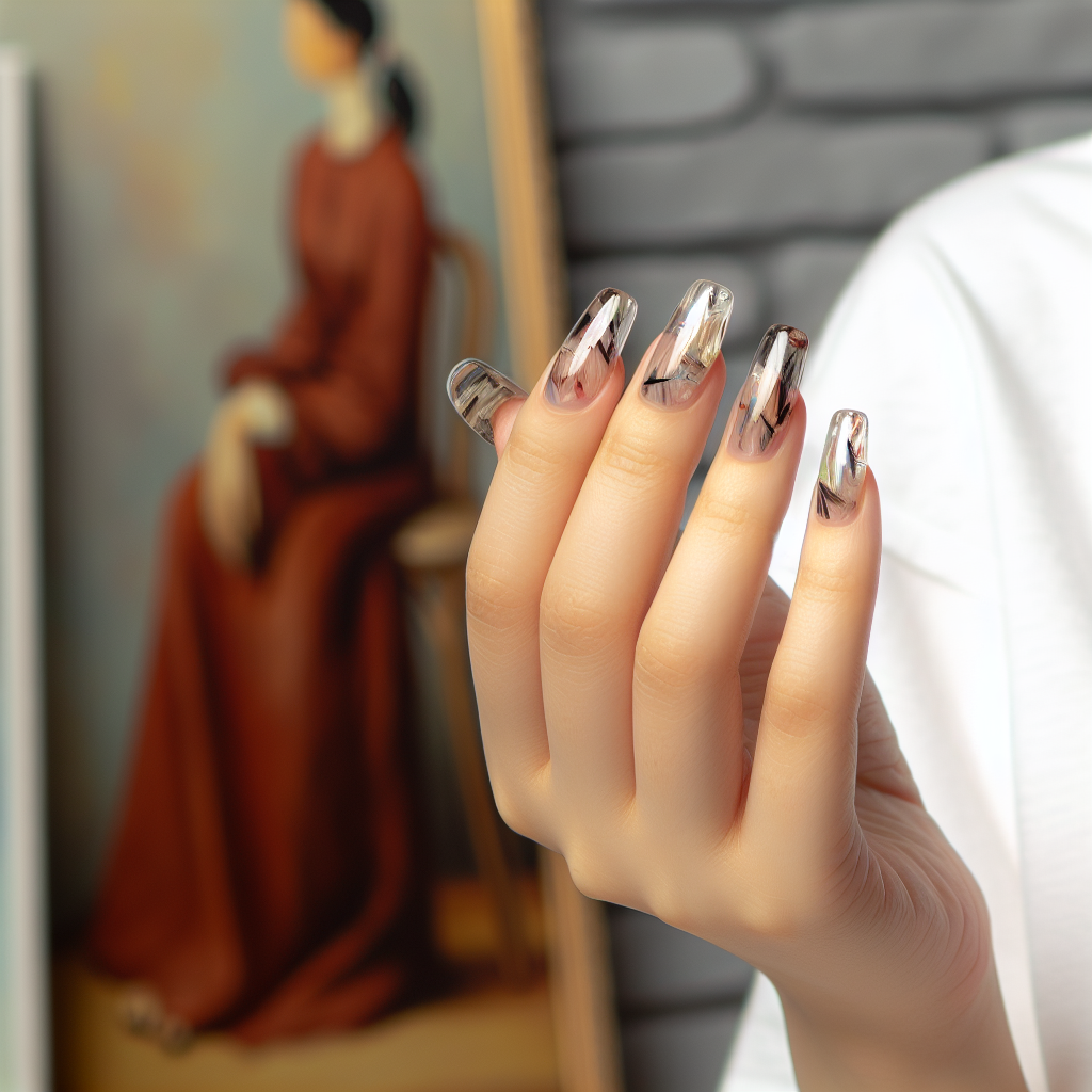  A set of elegantly manicured glass nails reflecting light in various shades...