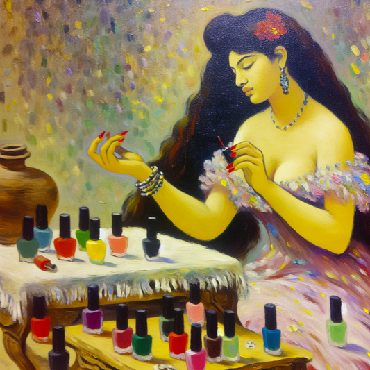  An artistic depiction of an elegant woman applying a base coat to her nails,...