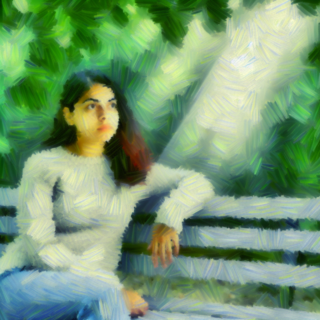  A serene scene of a young woman sitting on a park bench looking...