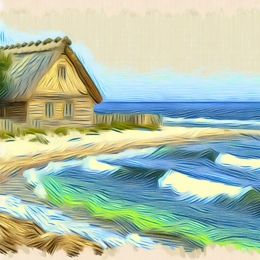  Create an impressionistic representation of a serene seaside with gentle...