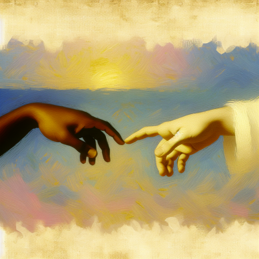 Two hands reaching out towards each other against a serene, soft background...