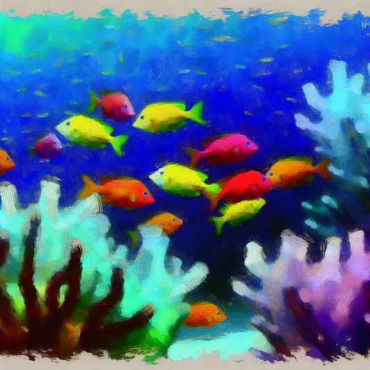 A serene underwater scene featuring colorful fish swirling around soft coral,...