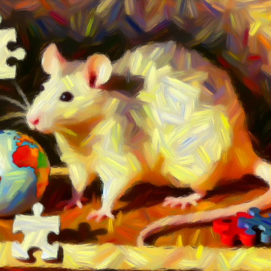  
A detailed portrait of a charming rat, surrounded by symbols of...