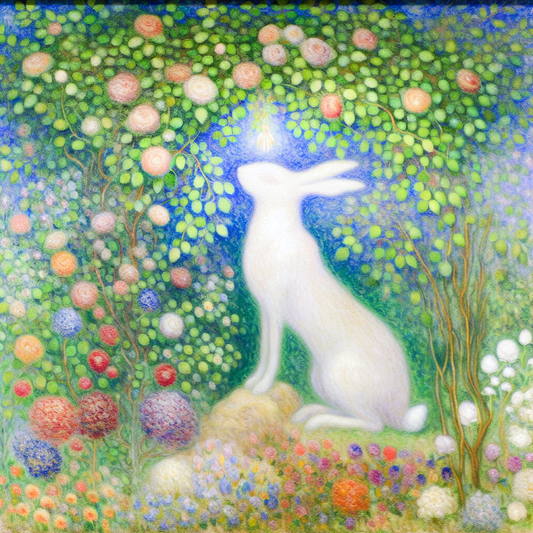  
Create an image of a serene, graceful rabbit in a beautiful garden filled...