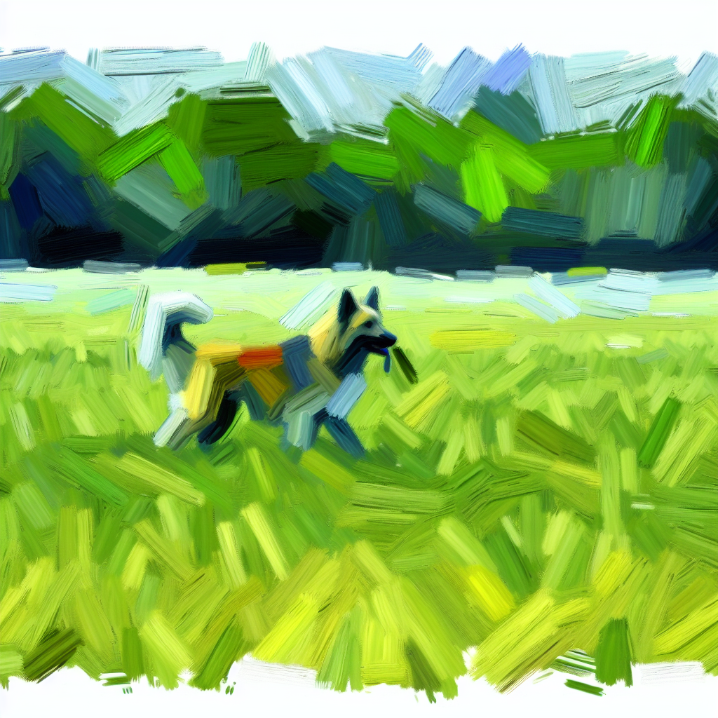  A loyal and protective dog surrounded by lush green fields, symbolizing...