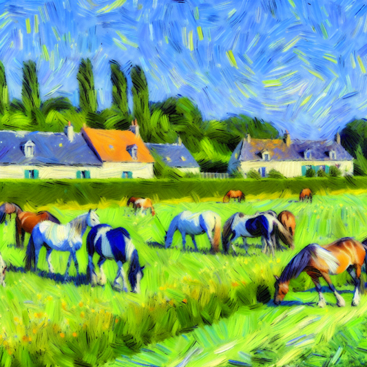  A vibrant countryside scene with horses grazing peacefully under a clear...