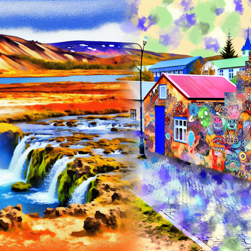 A vibrant landscape of Iceland’s geysers and waterfalls merging with quirky...