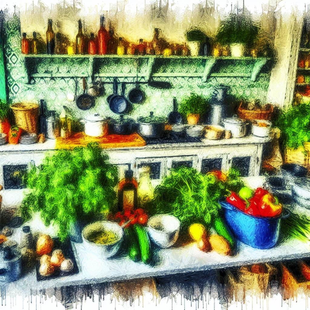 A cozy kitchen filled with fresh produce, herbs, and cooking utensils,...