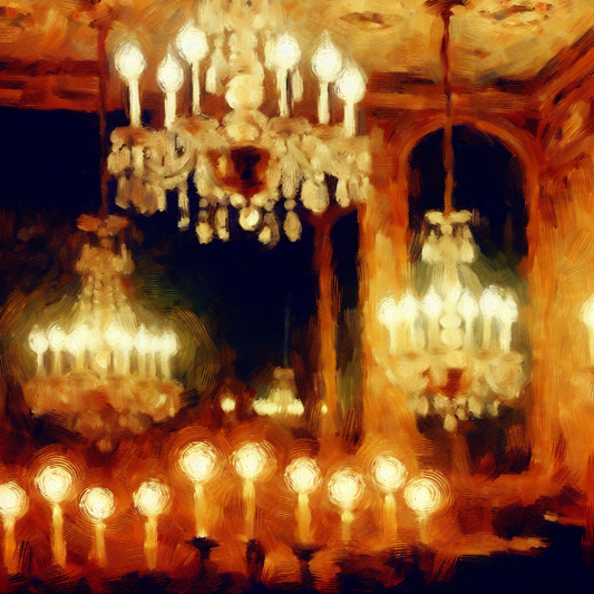  A dimly lit room featuring crystal chandeliers and candles, creating a warm...