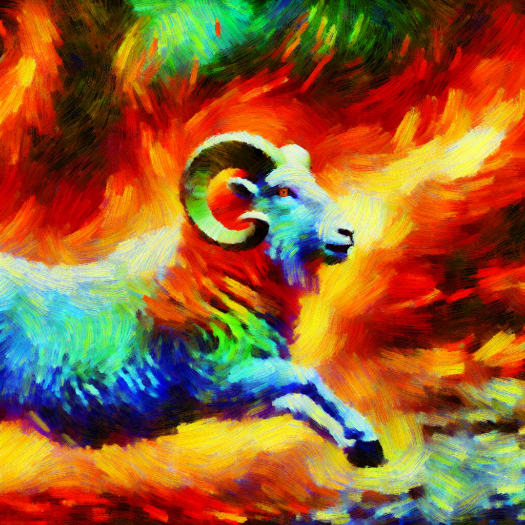 A vibrant depiction of energy and initiative, showcasing a ram charging...